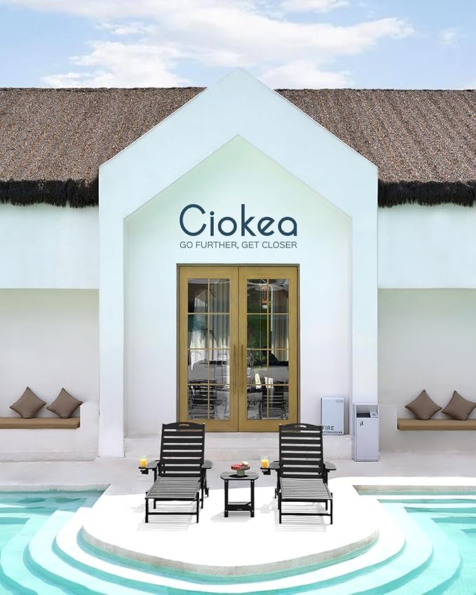 Outdoor Chaise Lounge Chair Set of 2, Patio Lounge Chairs for Outside, HDPE Lounge Chairs with Wheels & Cup Holder, Poly Lounge Chair with 5 Position for Poolside, Deck, Black