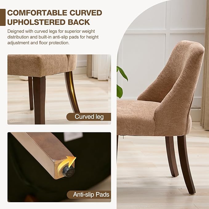 UVV Wooden Dining Chairs Set of 4, Mid Century Modern Upholstered Dining Room Chair Kitchen Chairs, Chenille Dinner Chair with Solid Wood Legs for Kitchen Dining Room, Khaki-Chenille