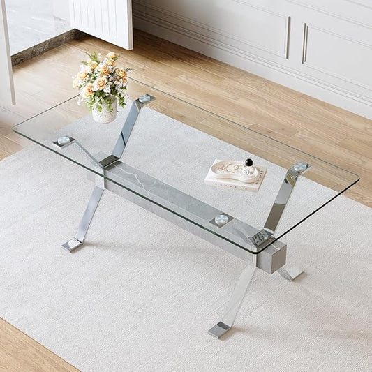 Glass Dining Table 71"｜Modern Dining Table for 6-8｜0.4" Thick Tempered Glass Top｜Chrome Silver Metal Legs｜Grey Crossbar｜Easy Assembly｜Perfect for Dining Room or Kitchen