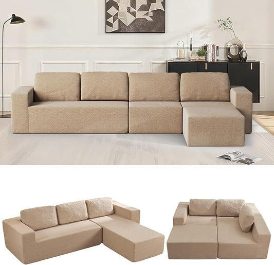 136" Modular Sectional Couch Left/Right Facing Convertible, L-Shape Modern Teddy Sofa, Deep Seat Upholstered Foam Couch for Living Room Bedroom, No Assembly Required (Camel, Teddy Boucle)