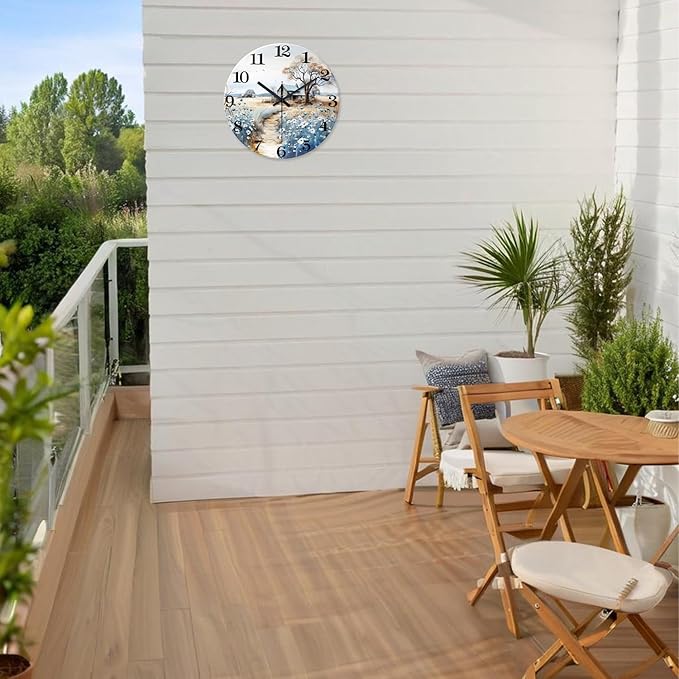 XNM Round Kitchen Wall Clocks Battery Operated 10 Inch Rustic Wall Clock Blue Flower Silent Wall Clock Wood(No Solid Wood, It is with MDF Material)