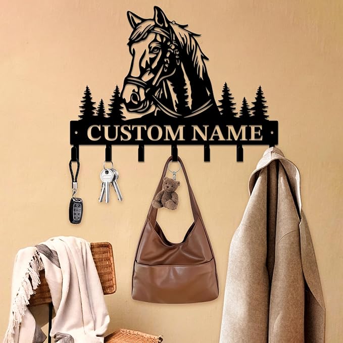 Personalized Custom Name Farm Horse Wall Key Hooks,Metal Horse Art Clothes Hooks,Metal Horse Wall Home Storage Decorative,For Front Door, Hallway, Kitchen, Bedroom,Keys,Hats (Style L)