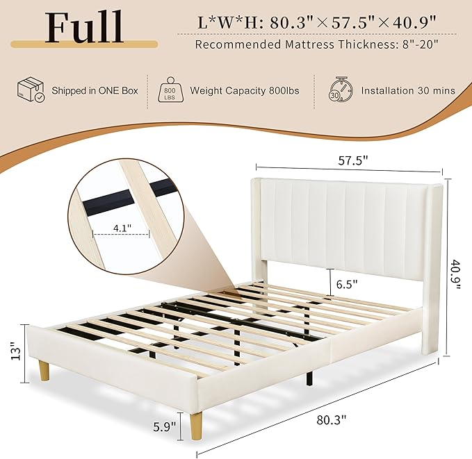 Full Size Upholstered Platform Bed Frame with Modern Wingback & Vertical Panel Headboard, Velvet Fabric, Wooden Legs & Slats Support, No Box Spring Needed, Noise-Free & Easy Assembly, Cream