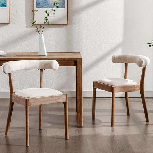 Kmax Dining Room Chairs Mid-Century Modern Fabric Kitchen Chairs with Natural Walnut Finished Frame, Linen Curved Back, 2-Pcs Set, Beige