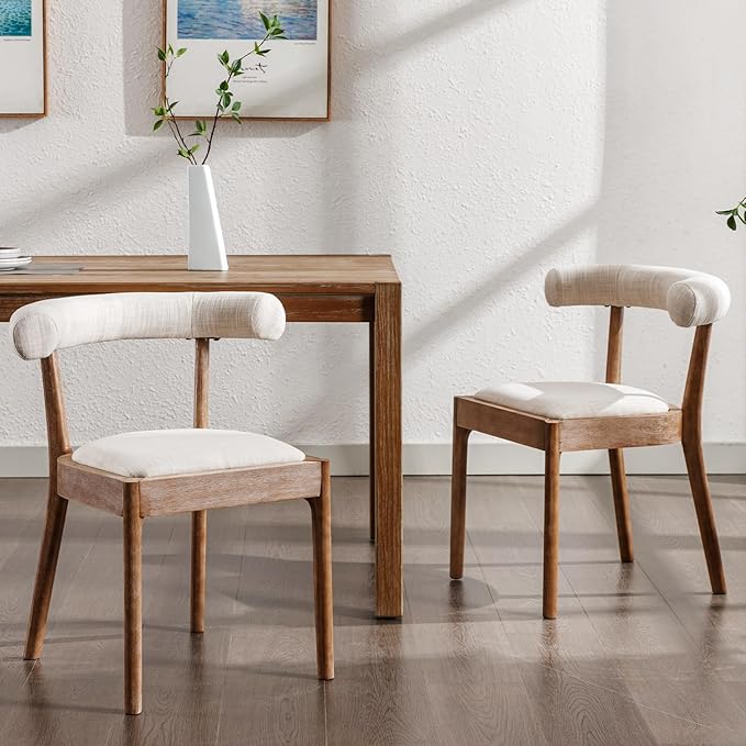 Kmax Dining Room Chairs Mid-Century Modern Fabric Kitchen Chairs with Natural Walnut Finished Frame, Linen Curved Back, Set of 4, Beige