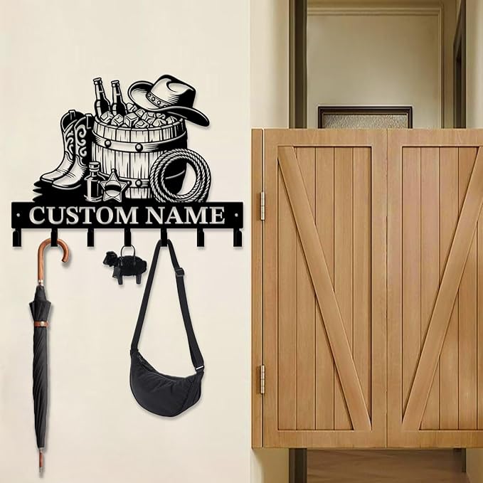 Custom Western Cowboy Metal Iron Key Hooks,Personalized Name & Text Engraving,Decor Wall Keys Holder for Home Entryway (Style J)