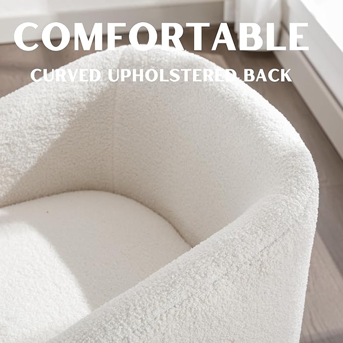 White Mid Century Modern Dining Chairs Set of 6, Farmhouse Boucle Upholstered Accent Curved Backrest Kitchen Chairs Armchairs with Black Wood Legs, White