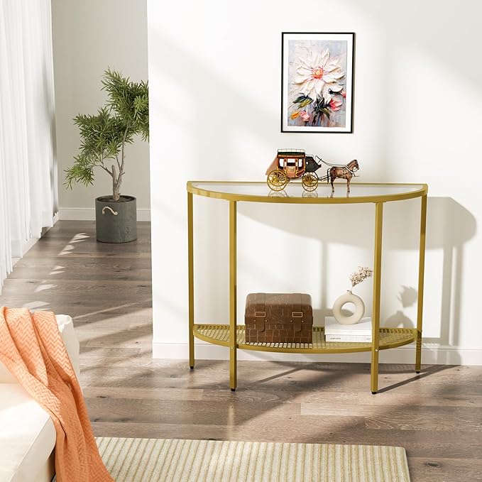 SAYGOER Glass Half Moon Console Table 2 Tier Narrow Entryway Table with Gold Metal Frames, Modern Couch Table Small Entry Way Tables, Easy Assembly, Clear Glass Gold Frames