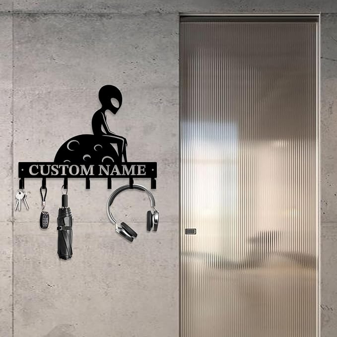 Personalized Custom Alien ET Metal Wall Keys Hooks,Clothes Hooks Alien ET Art coat racks,door holder,Black Alien ET decorations for home,Entrance doors,Hallway, Bedroom,Keys,Hats (Style D)