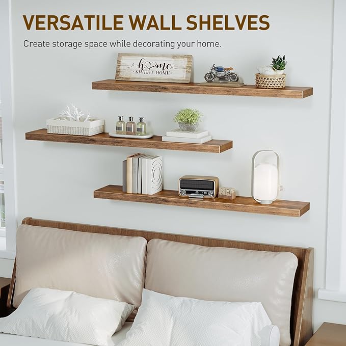 Floating Shelves for Wall, 1.5" Thick Wall Shelf Set of 3 with Invisible Bracket, L47.2 x W7.9 Hanging Shelves Farmhouse Home Decor for Bathroom, Living Room, Bedroom, Rustic Brown 12301BJP3BF