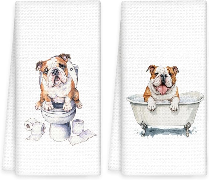 Funny English Bulldog Dog Hand Towels Set of 2, Gifts for English Bulldog Dog Owners Lovers, Puppy Pet Decor for Bathroom, Pet Lovers Gifts Toilet Hand Towels for Bathroom Washroom, 16x24In
