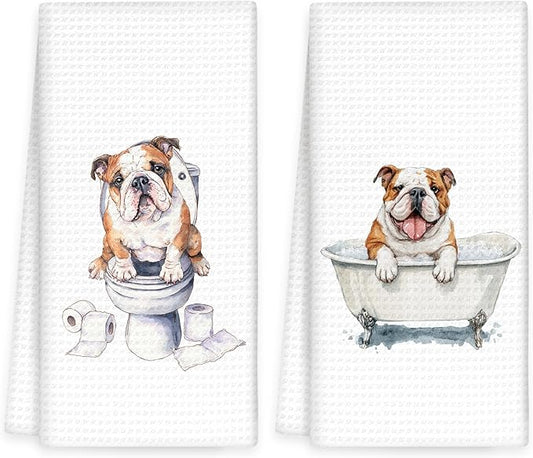 Funny English Bulldog Dog Hand Towels Set of 2, Gifts for English Bulldog Dog Owners Lovers, Puppy Pet Decor for Bathroom, Pet Lovers Gifts Toilet Hand Towels for Bathroom Washroom, 16x24In