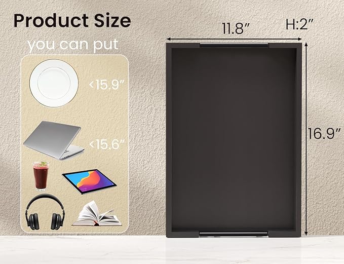 Bamboo Serving Tray with Metal Handles,17x12in Ottoman Decorative Trays Platter for Coffee Table,Living Room,Bar,Party,Large(Black)