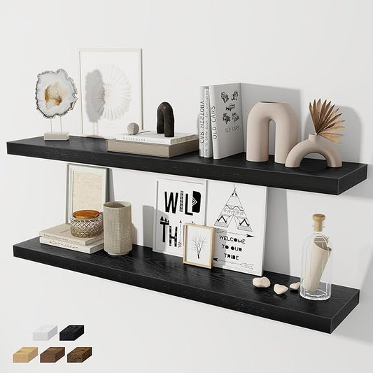 Fun Memories 48 Inch Floating Shelves for Wall 8 Inch Deep Black Shelves Set of 2, Wall Mounted Rustic Wood Long Floating Shelf, Large Display & Storage Shelf with Invisible Brackets