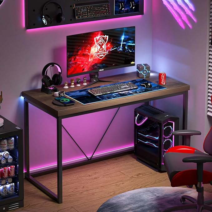 FOLUBAN Modern Home Office Desk, Rustic Wood and Metal Computer Desk, Industrial Study Writing Gaming Table Workstation, Vintage Laptop PC Desk, Oak 47 Inch