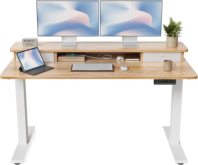 FEZIBO 55 x 24 Inch Height Adjustable Electric Standing Desk with Double Drawer, Computer Desk, Home Office Stand Up Table with 4 Height-Adjustable Feets & 2 Hooks, Maple