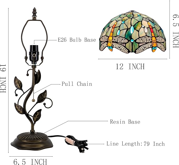 Tiffany Table Lamp, Stained Glass Style Desk Lamp, 12X12X19 Inch,Bedside Reading Light, Metal Leaf Base (Brown Dragonfly Style)
