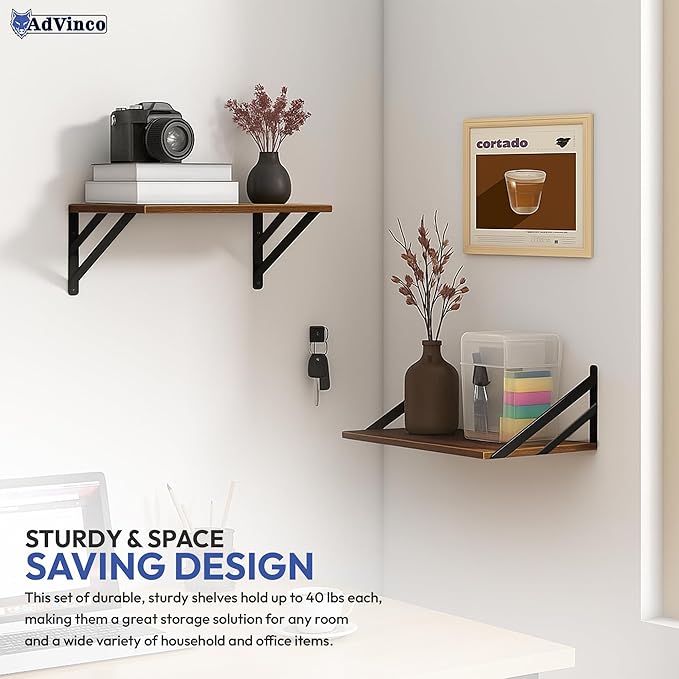 Rustic Brown Floating Shelves Set of 2 with Corner Shelf – Wood Wall Mounted Shelves for Kitchen, Bathroom, Living Room & Office Decor – Heavy Duty Storage Display, Easy Installation Included
