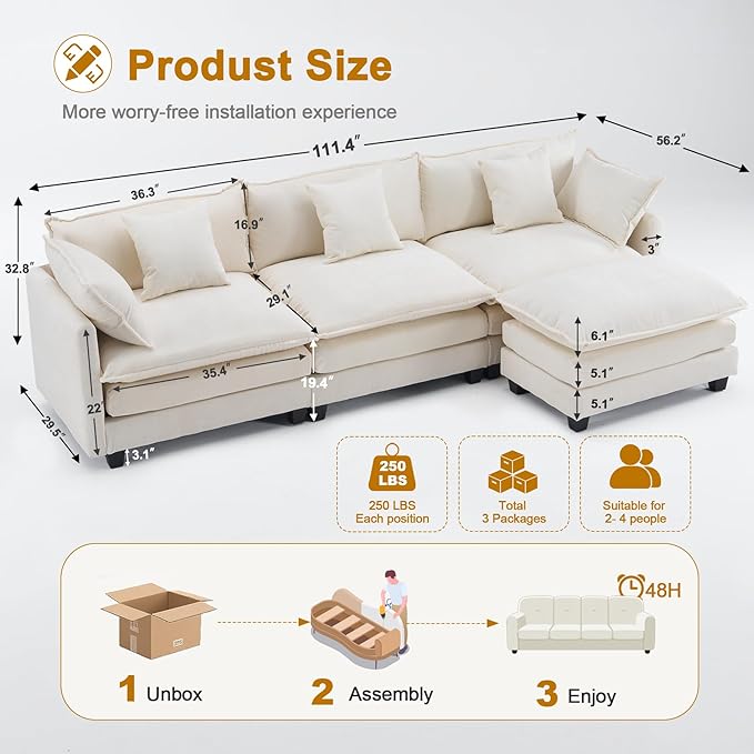 111.4" Cloud L Shaped Sectional Couch with Ottoman｜Modular Chenille Sofa with 29.1" Deep Seat｜FSC Solid Wood Frame｜Easy Assembly & 1YR Guarantee｜for Living Room Bedroom Apartment