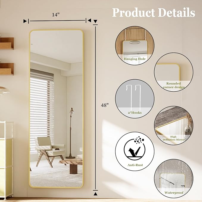BEAUTYPEAK 14"x48" Full Length Over The Door Mirror, Aluminum Alloy Frame Full Body Mirror with Height-Adjustable Hangers, Hanging Mirrors for Bedroom, Living Room, Bathroom, Gold