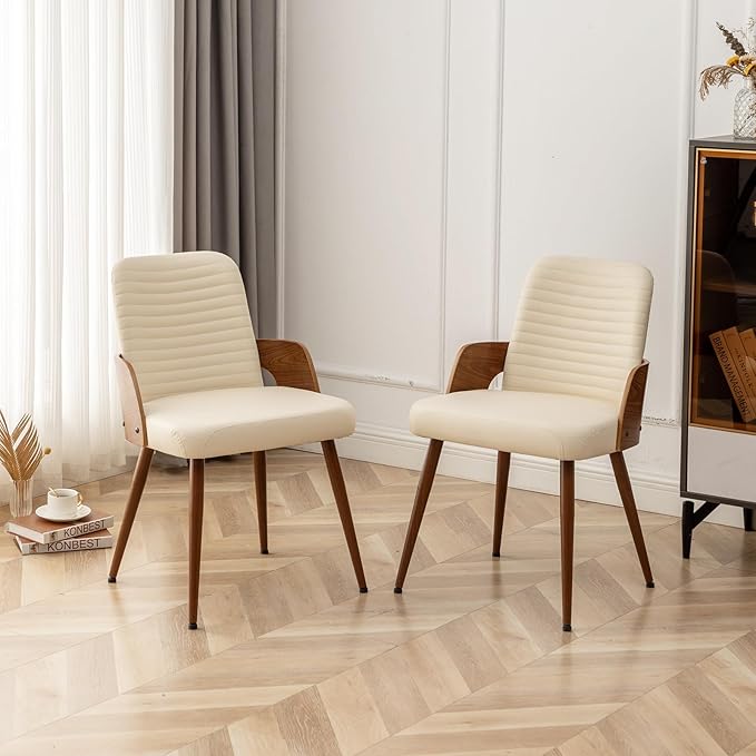 Dining Room Chairs Set of 4,Mid Century Modern Kitchen Chair,Upholstered Faux Leather Accent Chairs,Metal Legs Wooden Desk Chair,Armless and No Wheels for Kitchen Dining,Beige PU