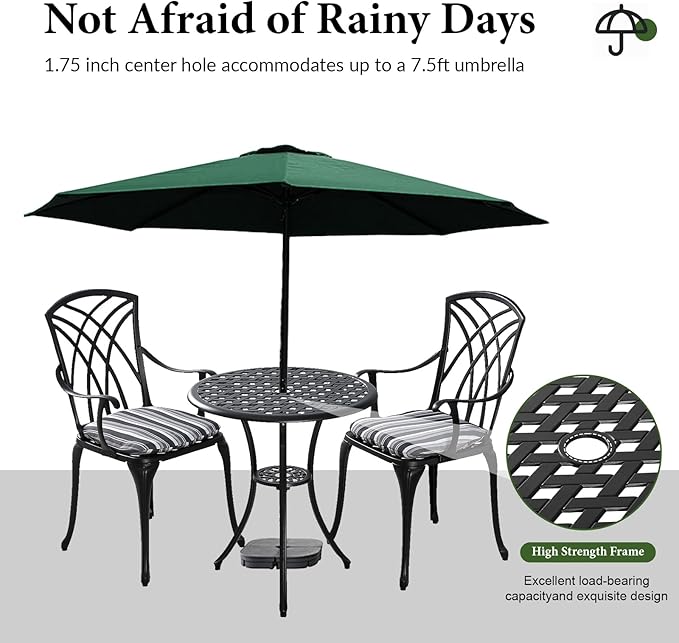 Outdoor Bistro Set 3 Piece Outdoor Bistro Table and Chairs Set Table with Umbrella Hole, Cushions, Cast Aluminum Patio Furniture for Porch, Backyard, Garden, Black