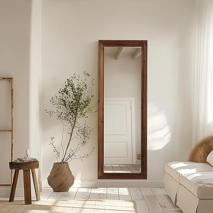 MELOMOIR Rustic Farmhouse Full Length Mirror, 64"x21" Wood Frame Floor Mirror, Free Standing Mirror Leaning Hanging Mirror, Long Mirror for Bedroom Living Room Cloakroom, Wood