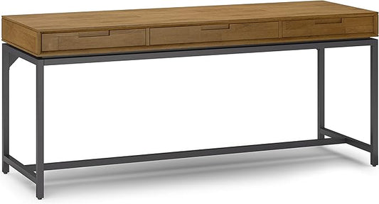 SIMPLIHOME Banting Desk - 72-Inch Wide Solid Hardwood and Metal Writing Desk in Medium Saddle Brown, Modern Industrial Home Office Computer Table for Study with 2 Drawers and Flip-Down Keyboard Tray
