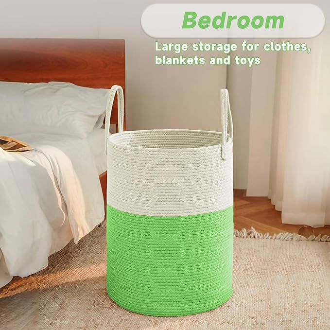 Large Woven Laundry Basket Hamper,100L Cotton Rope Storage Bin for Blankets,Toys and Clothes,Decorative Tall Nursery Hamper for Living Room,Baby Nursery,Bathroom and Bedroom,Light Green