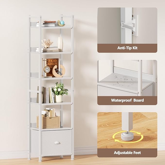 Furologee 6 Tier Bookshelf, Tall Shelf with Drawer, Wood and Metal Bookshelves Storage Organizer, Modern Display Shelving Unit for Bedroom, Living Room, Home Office, White