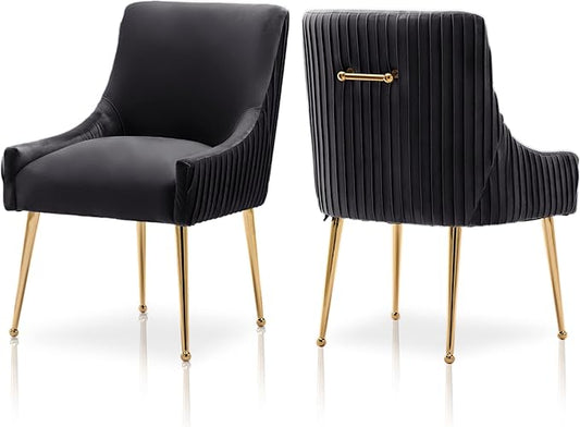 Dining Chairs, Accent Chairs Set of 2, Modern Upholstered Kitchen Dining Room Chairs with Gold Legs, Fabric Tufted Velvet Living Room Chairs for Reception Room Bedroom Guest Room (Black)
