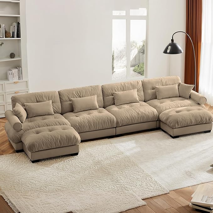 166" Oversized Camel Velvet Cloud Couch - 4 Seater Modular U Shaped Sectional Sofa Set with Ottoman for Living Room