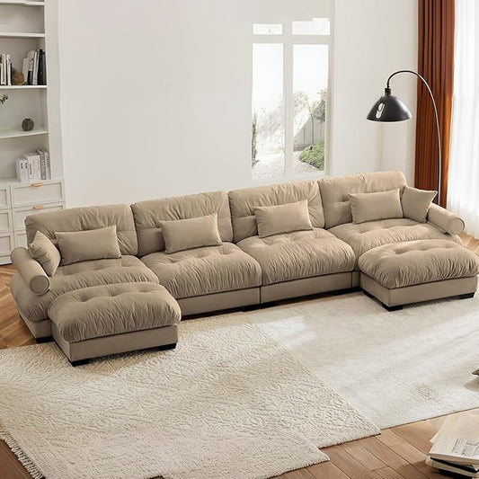166" Oversized Camel Velvet Cloud Couch - 4 Seater Modular U Shaped Sectional Sofa Set with Ottoman for Living Room