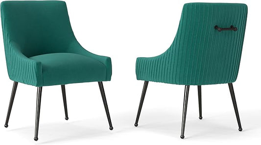 Velvet Dining Chairs Set of 2,Dark Green Upholstered Living Room Chairs with Black Metal Legs, Modern Tufted Accent Chairs for Living Room, Study Room, Kitchen