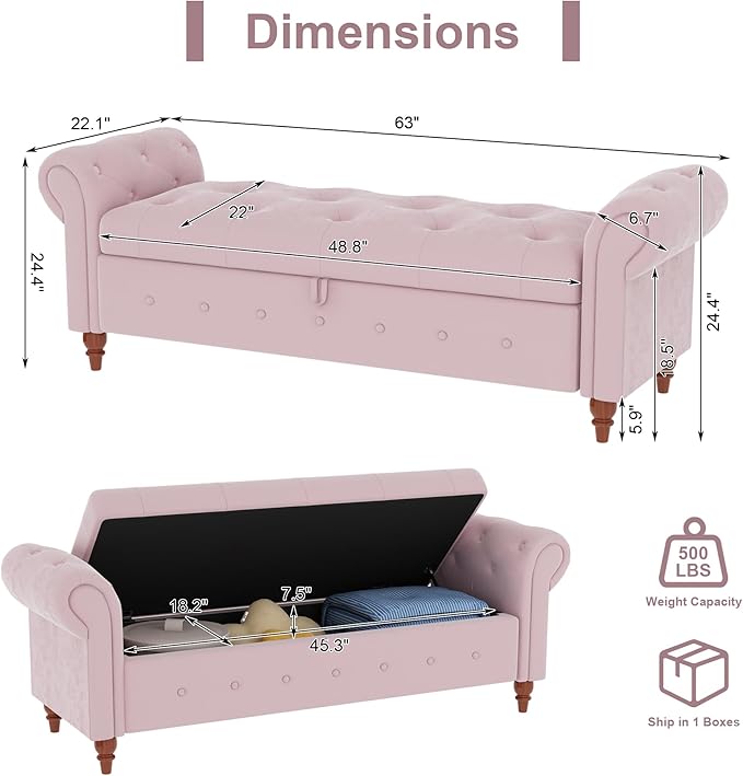GNIXUU Ottoman with Storage Bench for Bedroom, 63" Velvet Upholstered End of Bed Storage Bench Seat, Rolled Arm Cushioned Ottoman with Wood Legs, Modern Window Chair for Living Room, Entryway, Pink