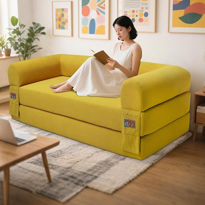 Fold Sofa Bed Couch Memory Foam Futon Sleeper Chair Guest Bed and Fold Out Sofa, Couch for Living Room Corner Chair Bedroom (Yellow)