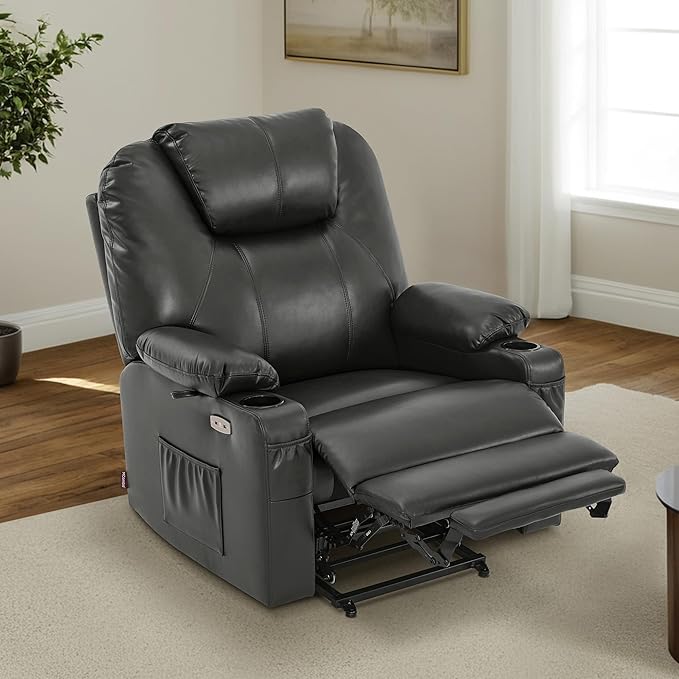 MCombo Oversized Power Lift Recliner Chair for Elderly, Lift Chair with Heat and Massage for Big and Tall, USB&Type C Ports, Cup Holders, Faux Leather R7510 (Grey, Large-Wide)