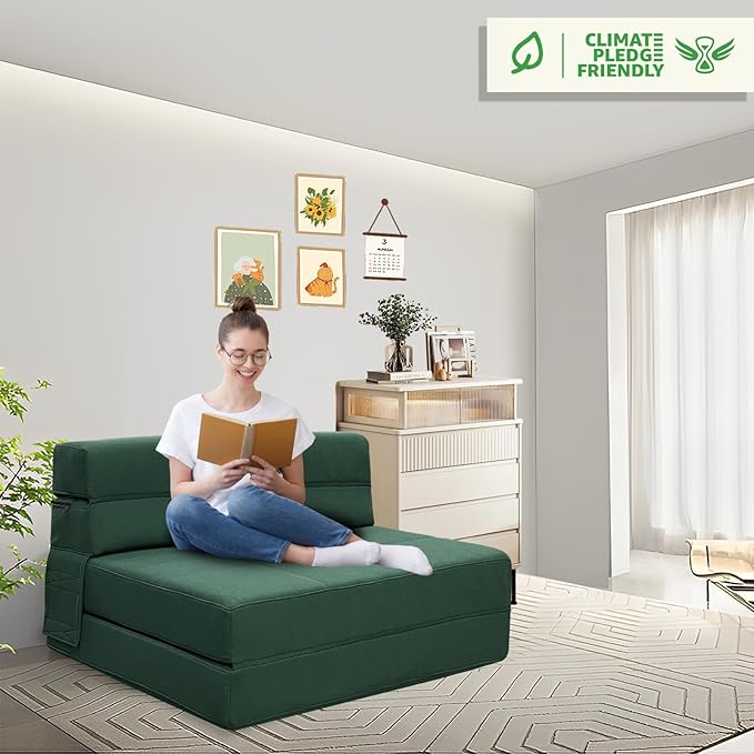ANONER Fold Out Couch Bed Memory Foam Sleeper Chair with 2 Pillows, Queen Size Futon Couch Guest Convertible Chair Bed, Washable Cover, Dark Green