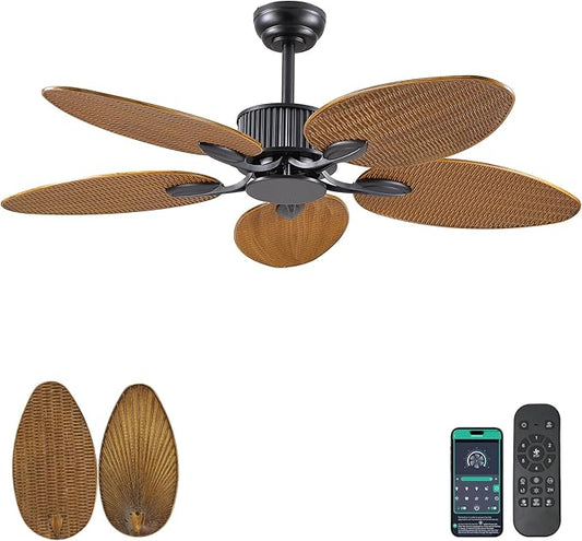 50 Inch Tropical Ceiling Fan no Light, Outdoor Waterproof Palm Leaf Ceiling Fans for Patios Porches, Remote +APP Control, Wet Rated, 6 Speeds, Quiet, Wood Grain