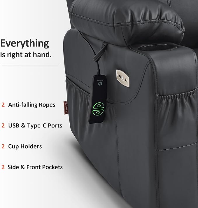 MCombo Power Lift Recliner Chair for Elderly, Lift Chair with Heat and Massage, FSC Certified, USB Ports, Cup Holders, Faux Leather 7040 (Black, Medium)