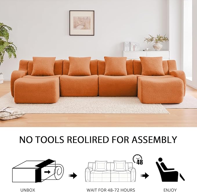 Orange Cloud Couch Loveseat, Modern Teddy Fabric Boneless Sectional Sofa in a Box for Living Room, Modular Floor Couch, No Assembly Required, Sofas para Sala