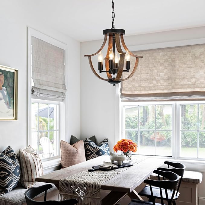 Farmhouse Hanging Pendant Lighting, 4-Light Rustic Flush Mount Ceiling Light Fixture,Modern Faux Wood Vintage Chandelier for Dining Room Kitchen Island Foyer Hallway Entryway Bedroom