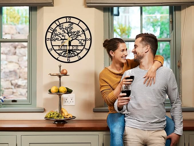 Custom Metal Tree of Life Wall Clock, Personalized Last Name Wall Decor, Silent Clock, Large Family Name Home Decor, Wall Hanging Olive Tree Sign, New Home Gift