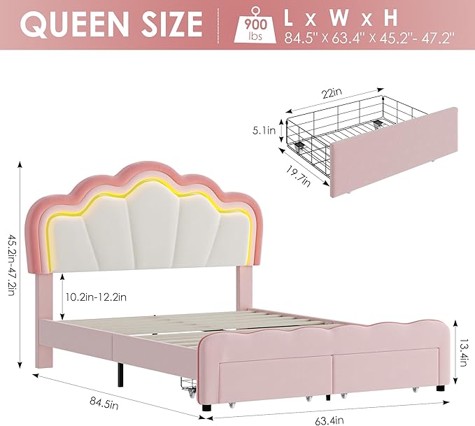 HOSTACK Queen Upholstered LED Bed Frame with Storage Drawers, Cute Girls Bed with Adjustable Lotus Headboard, Velvet Princess Platform Bed Frame, Wooden Slats Support, No Box Spring Needed, Pink/Beige