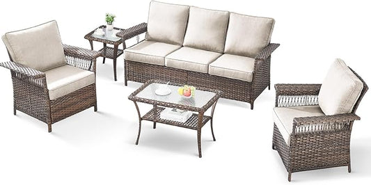 5 Pieces Wicker Patio Furniture Set - Hollow Widen Armrests Outdoor Rattan Chairs, 3 Seat Sofa with Coffee Table & Side Table, Small Patio Convention Set for Deck and Backyard - Brown/Beige