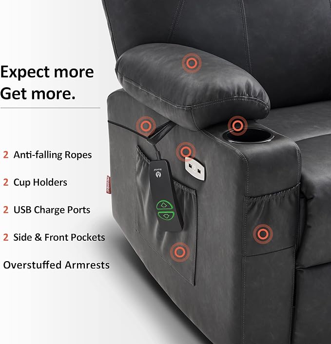 MCombo Large Power Lift Recliner Chair for Elderly, Lift Chair with Heat and Massage for Tall People, Extended Footrest, USB & Type C Ports, Cup Holders, Faux Leather 7516 (Large, Grey)