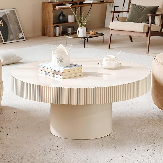 Round Drum Coffee Table 30.71" Handcrafted Fluted Drum Coffee Table Mid Century Accent Tables Modern Luxury Circle Center Table Vintage Farmhouse Center Table for Living Room (White Thin)