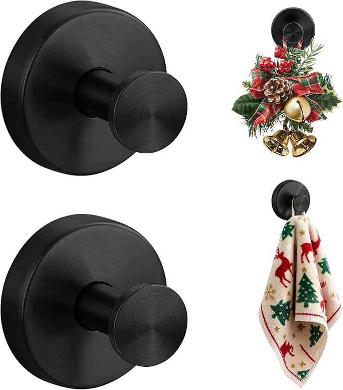 Suction Cup Hooks Stainless Steel Shower Hooks No Drill Towel Hooks Removable Wreath Hanger for Front Door, Bathroom Wall, Kitchen, Glass, Mirror (2 Pack)