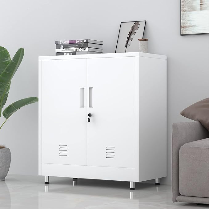 Metal Storage Cabinet with Locking Doors and Adjustable Shelf, Small Lockable Sideboard Buffet Cabinet for Home Office Hallway Entryway Living Dining Room (White)