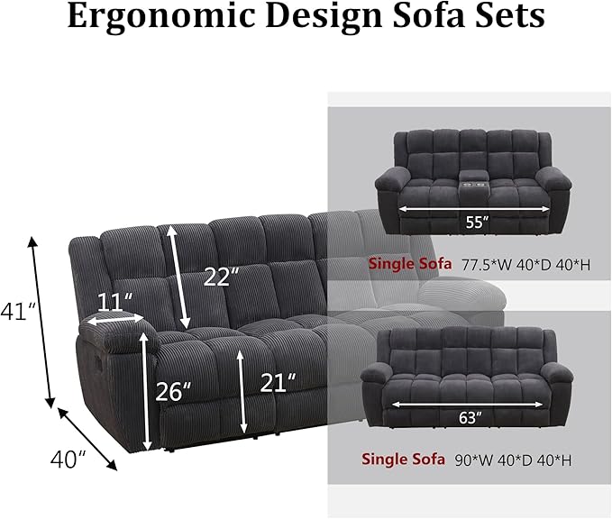 Manual Recliner Sofa Set,Fabric Reclining Couch Set,Modern Living Room Furniture Set,Reclining Sofa Couch Chair for Living Room Home Office (Dark Grey Upgraded Version, Sofa+Loveseat)